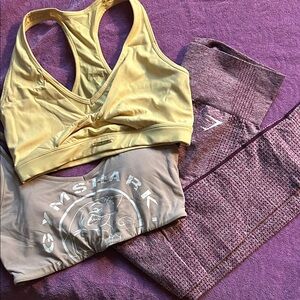 Gymshark Yellow Sports Bra and Purple Leggings Set